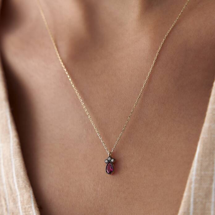 Pembe Taşlı Damla Kolye - 1