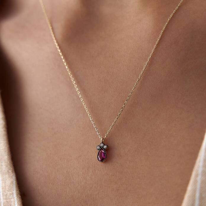 Pembe Taşlı Damla Kolye - 2