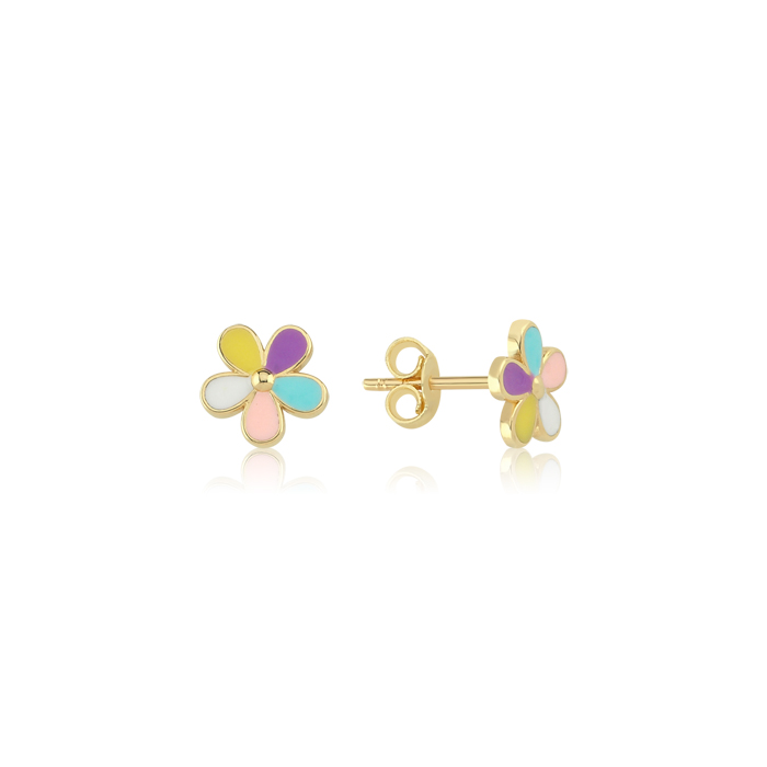 Renkli Çiçek Altın Çocuk Küpesi - Melike