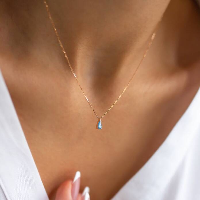 Sade Mavi Taşlı Damla Kolye - 1