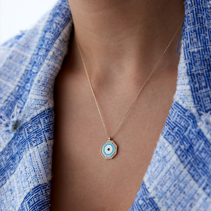 Sekizgen Taş Çerçeve Göz Kolye - Cemart (1)