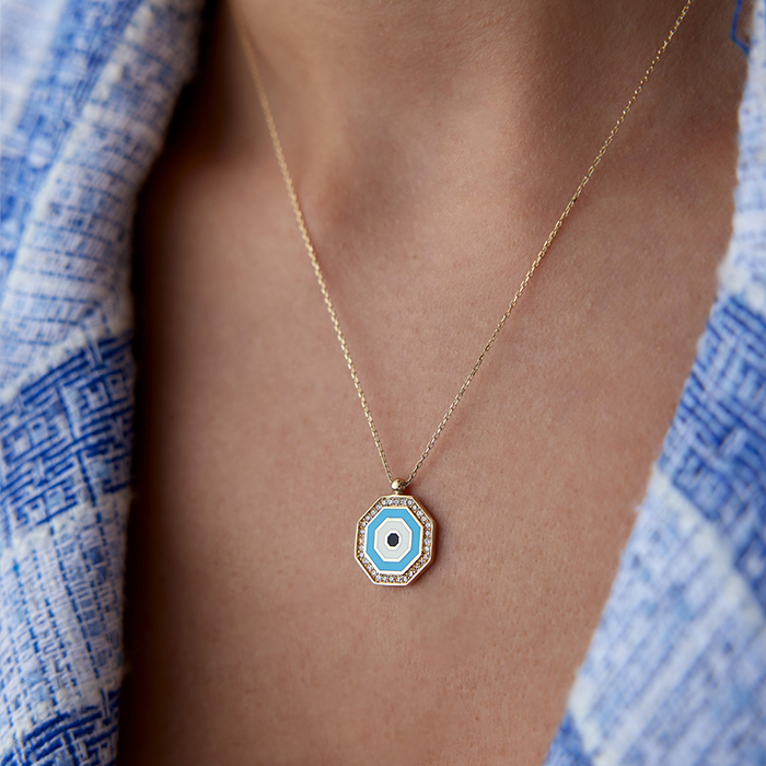 Sekizgen Taş Çerçeve Göz Kolye - Cemart