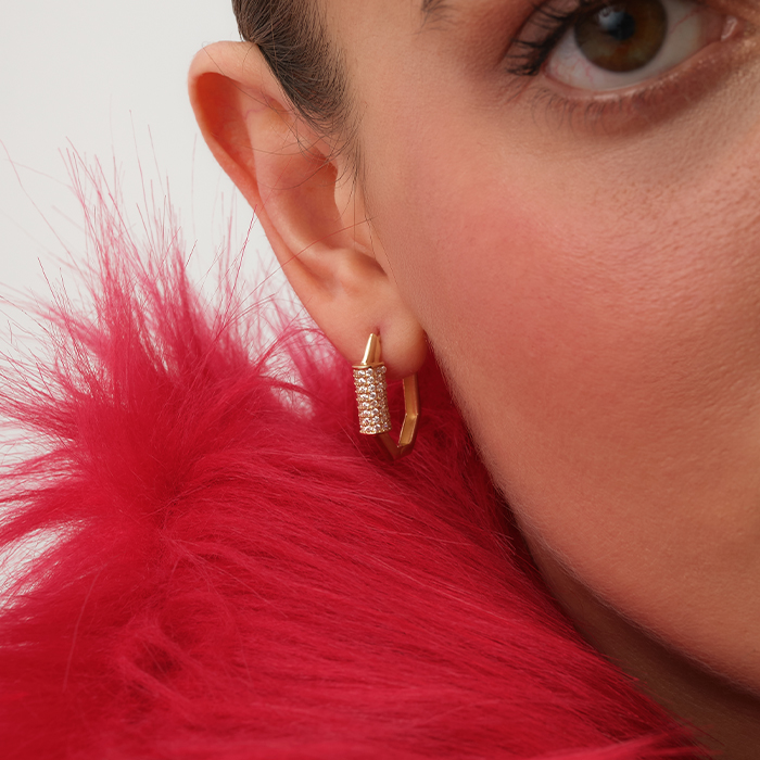 Silindir Taş Detaylı Ataç Altın Küpe - Rayna