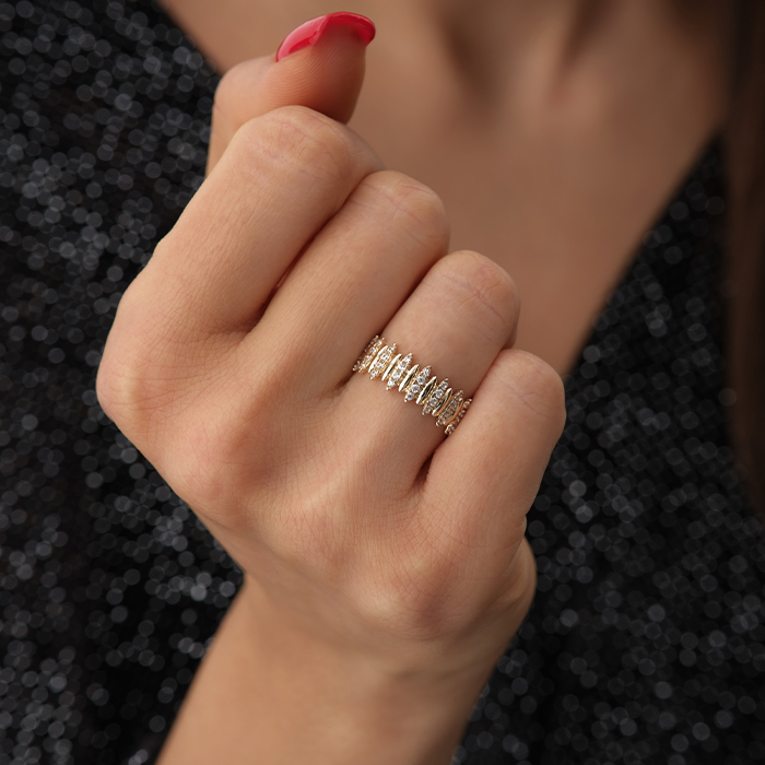 Sıralı Kayık Taşlı Altın Yüzük - Cemart (1)