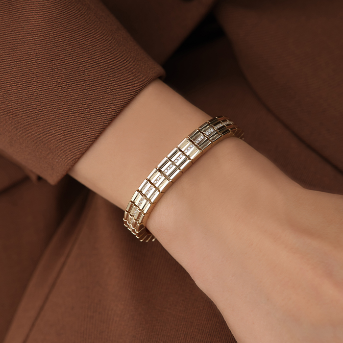 Taş Şerit Detaylı Blok Altın Bileklik - Mg Gold