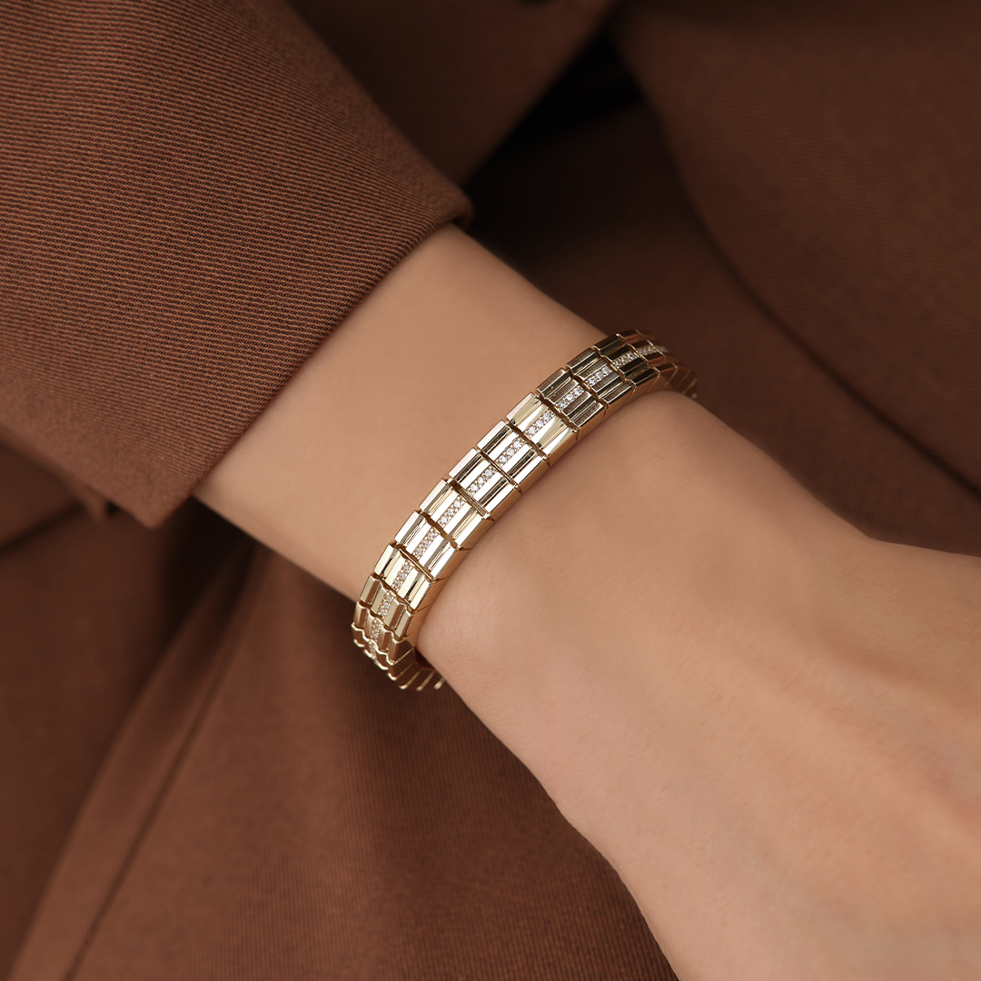 Taş Şerit Detaylı Blok Altın Bileklik - 1
