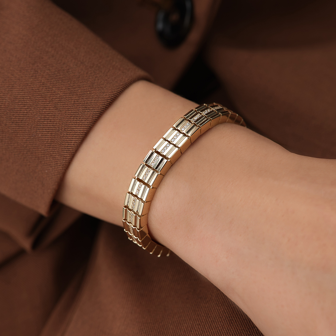 Taş Şerit Detaylı Blok Altın Bileklik - 2