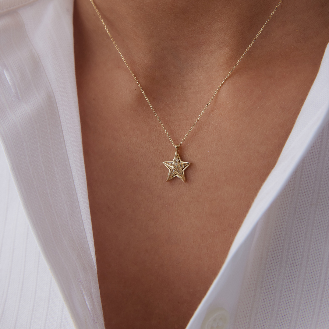 Taşlı 3D Kafes Yıldız Kolye - 1