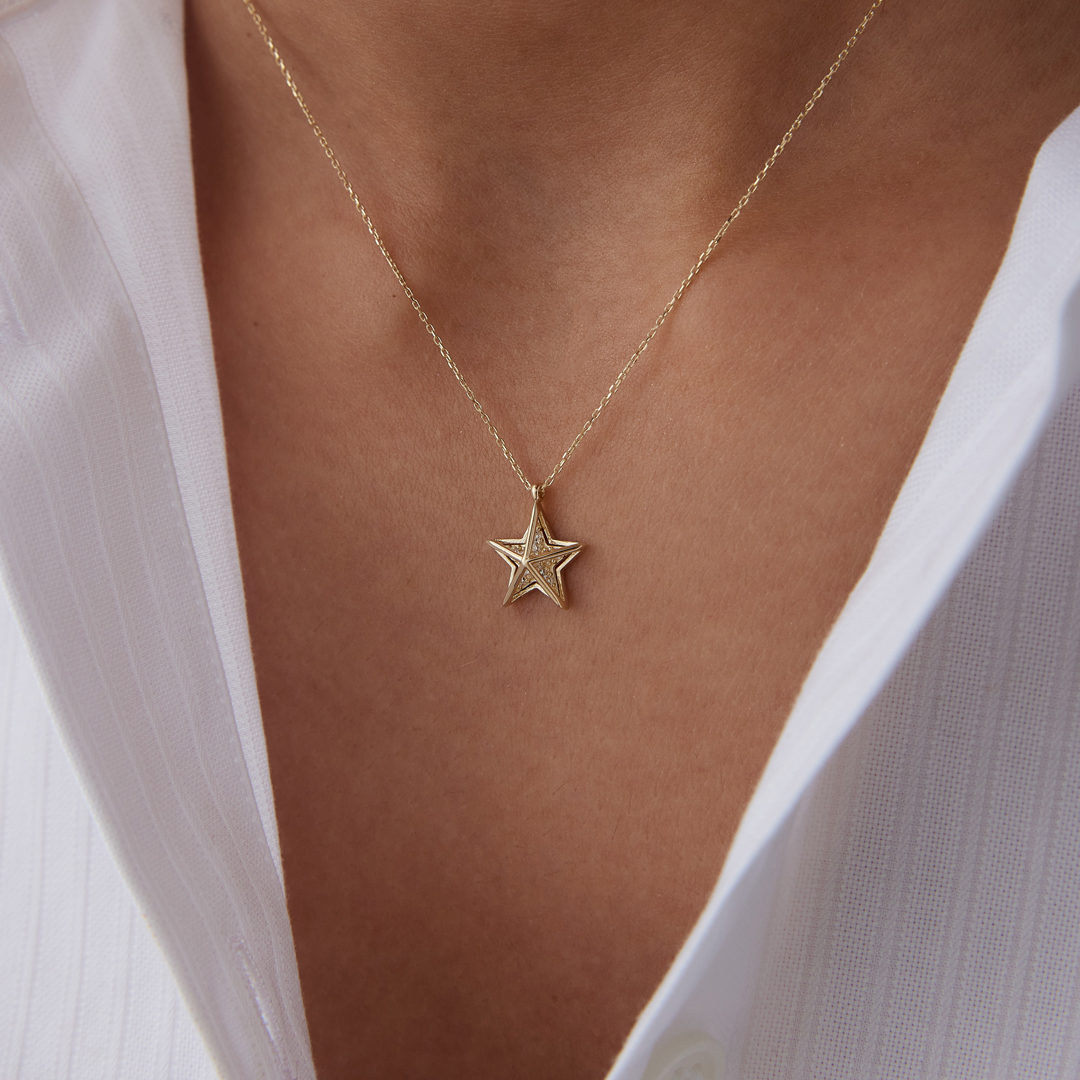 Taşlı 3D Kafes Yıldız Kolye - 2