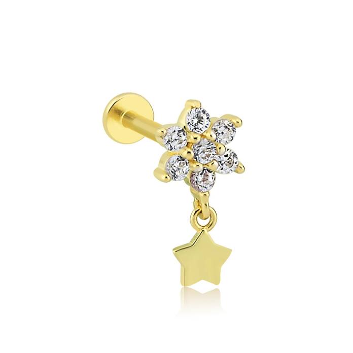 Taşlı Çiçek Ucunda Yıldız Tragus Piercing - 2