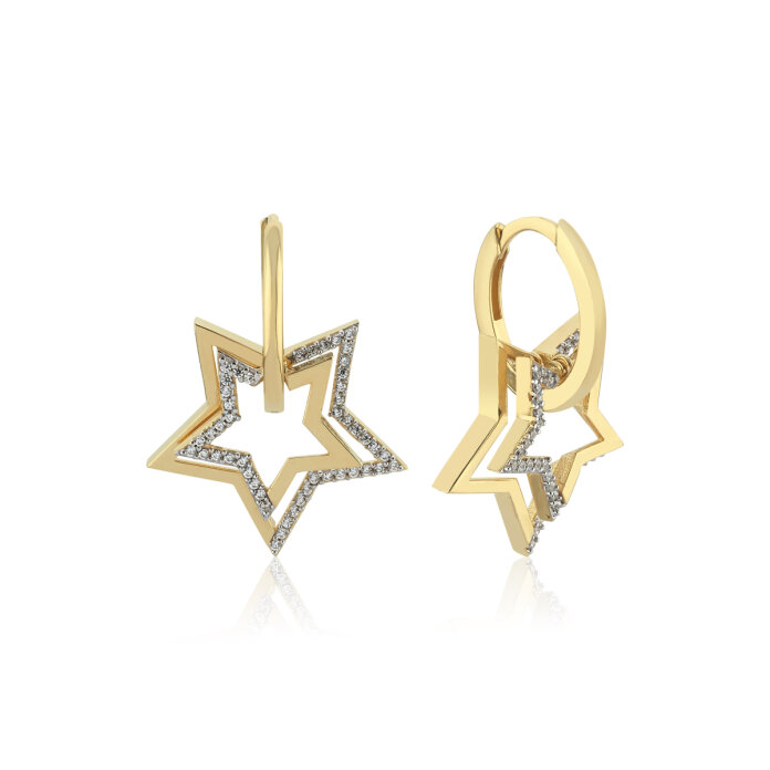 Taşlı Double Star Halka Sallantılı Küpe - 2