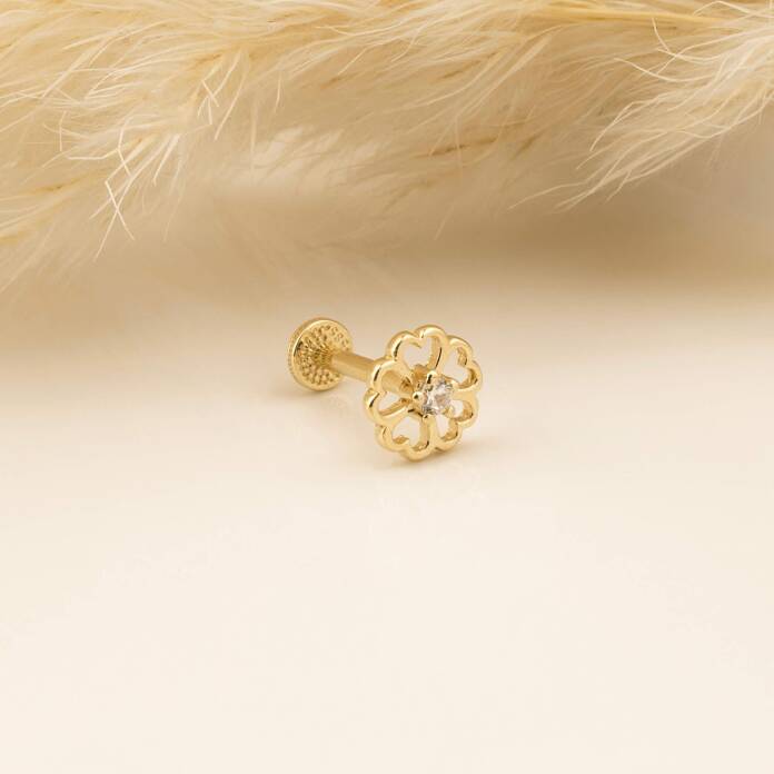 Taşlı Kalp Çiçek Motifli Minimal Tragus Piercing - 3