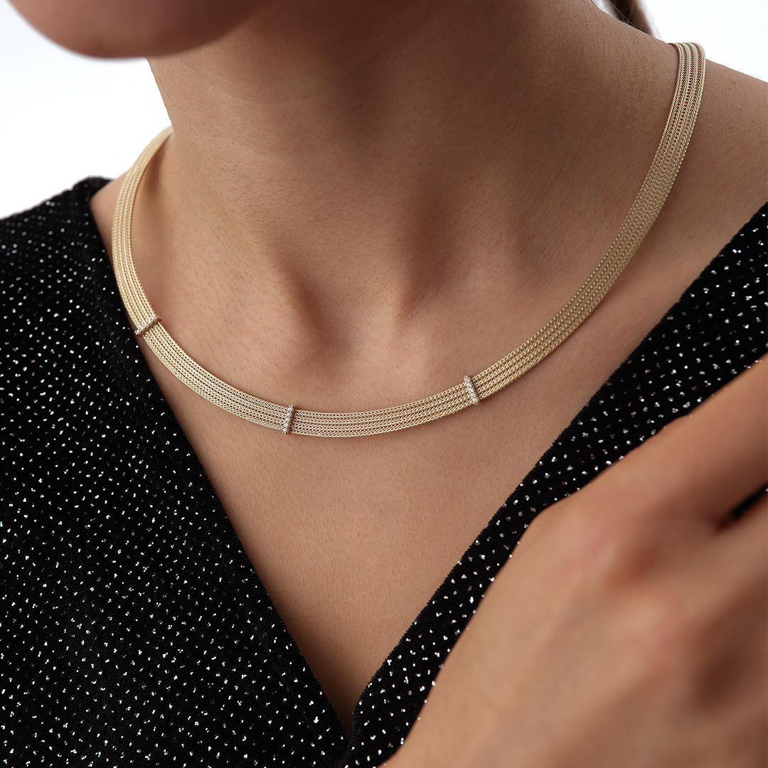 Taşlı Mesh Altın Zincir Kolye - 2