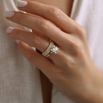 Üç Sıra Taşlı Tektaş Yüzük - Oragold Orhan