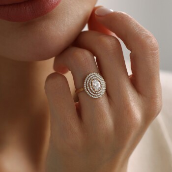 Üç Tur Taşlı Oval Tektaş Yüzük - Oragold Orhan