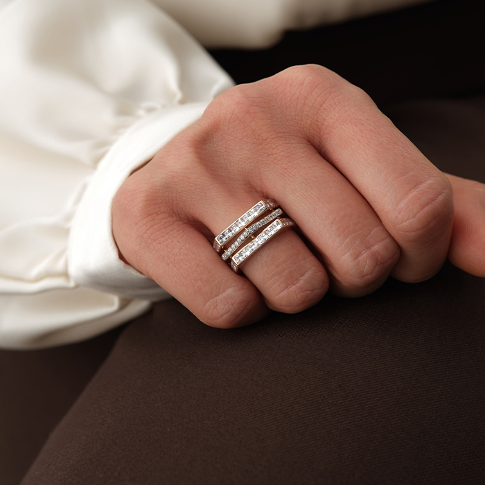 Üçlü İnce Bant Taşlı Altın Yüzük - Cemart