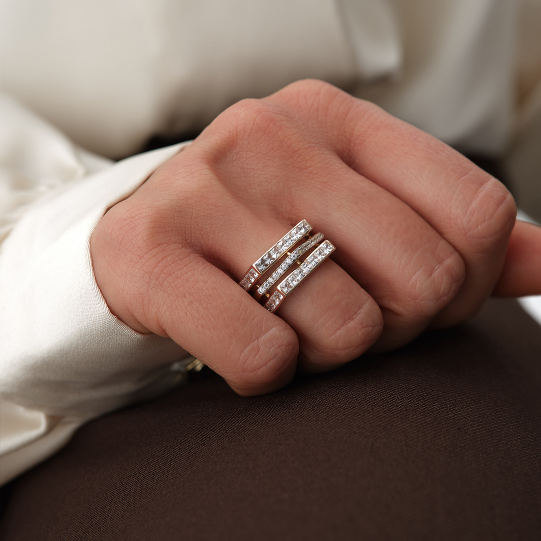 Üçlü İnce Bant Taşlı Altın Yüzük - 2