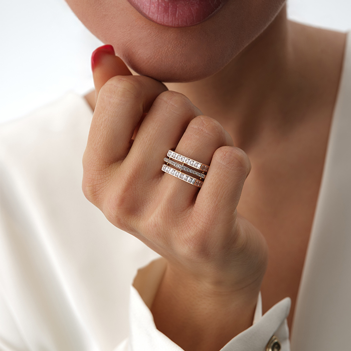 Üçlü İnce Bant Taşlı Altın Yüzük - 3