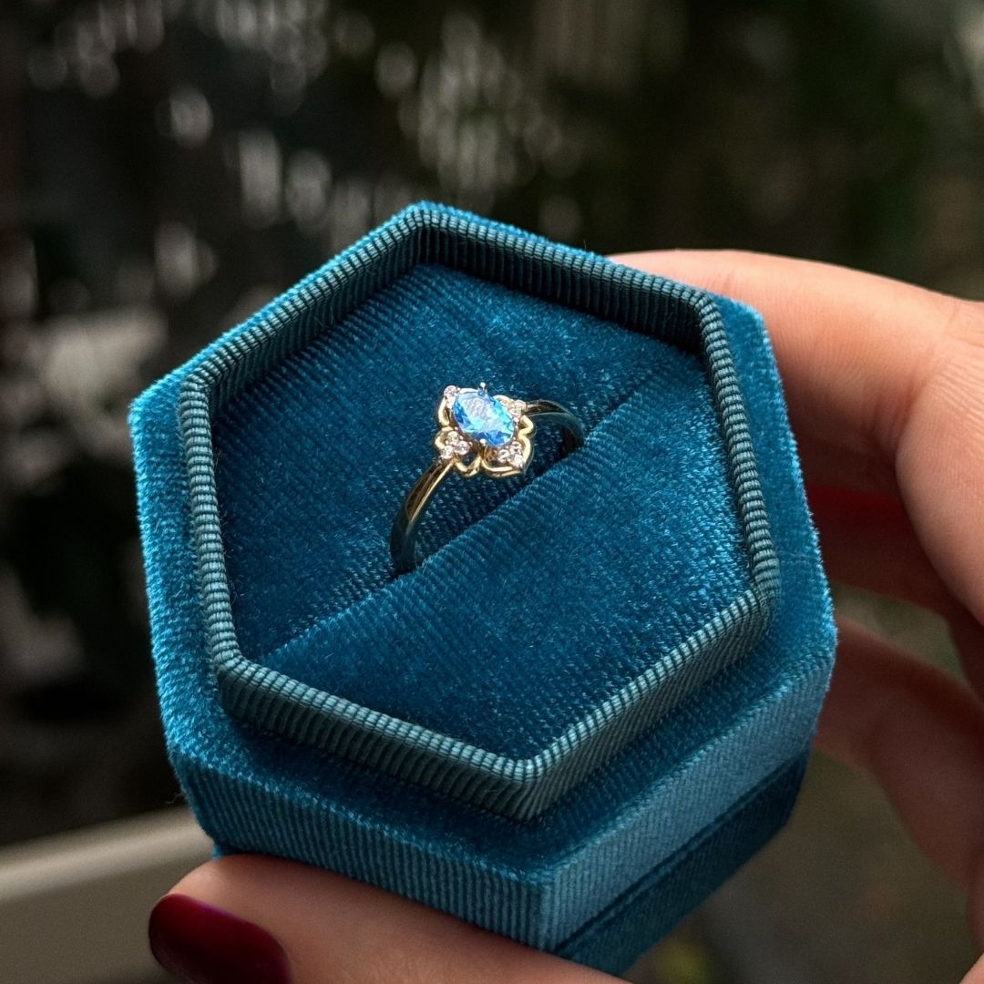 Vintage Çerçeve Mavi Taşlı Tektaş Yüzük - 1