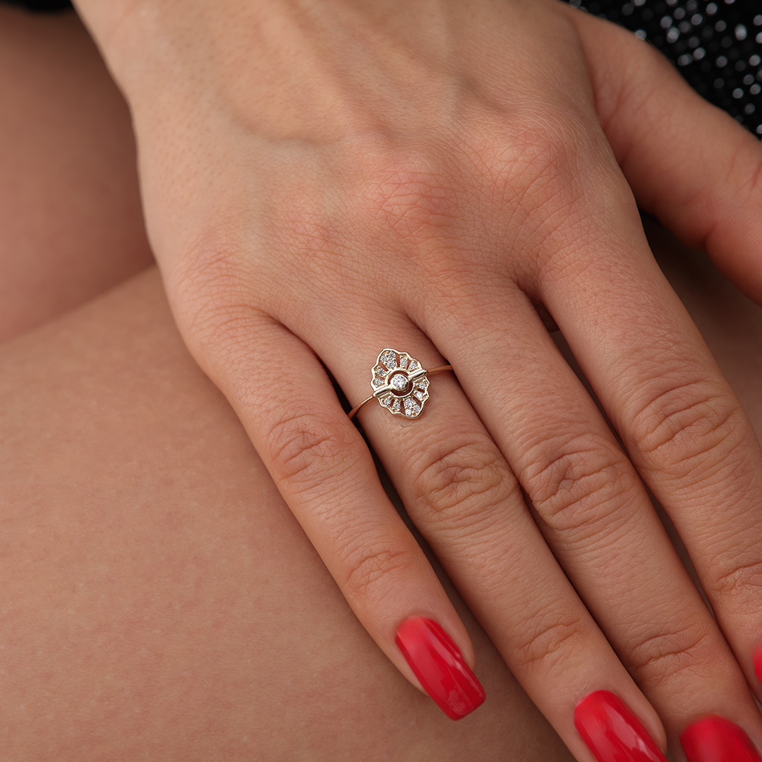 Vintage Çerçeve Taşlı Minimal Altın Yüzük - 2