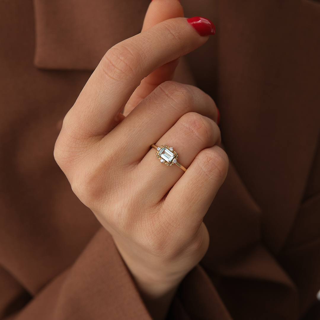 Vintage Dikdörtgen Çerceve Taşlı Altın Yüzük - 2