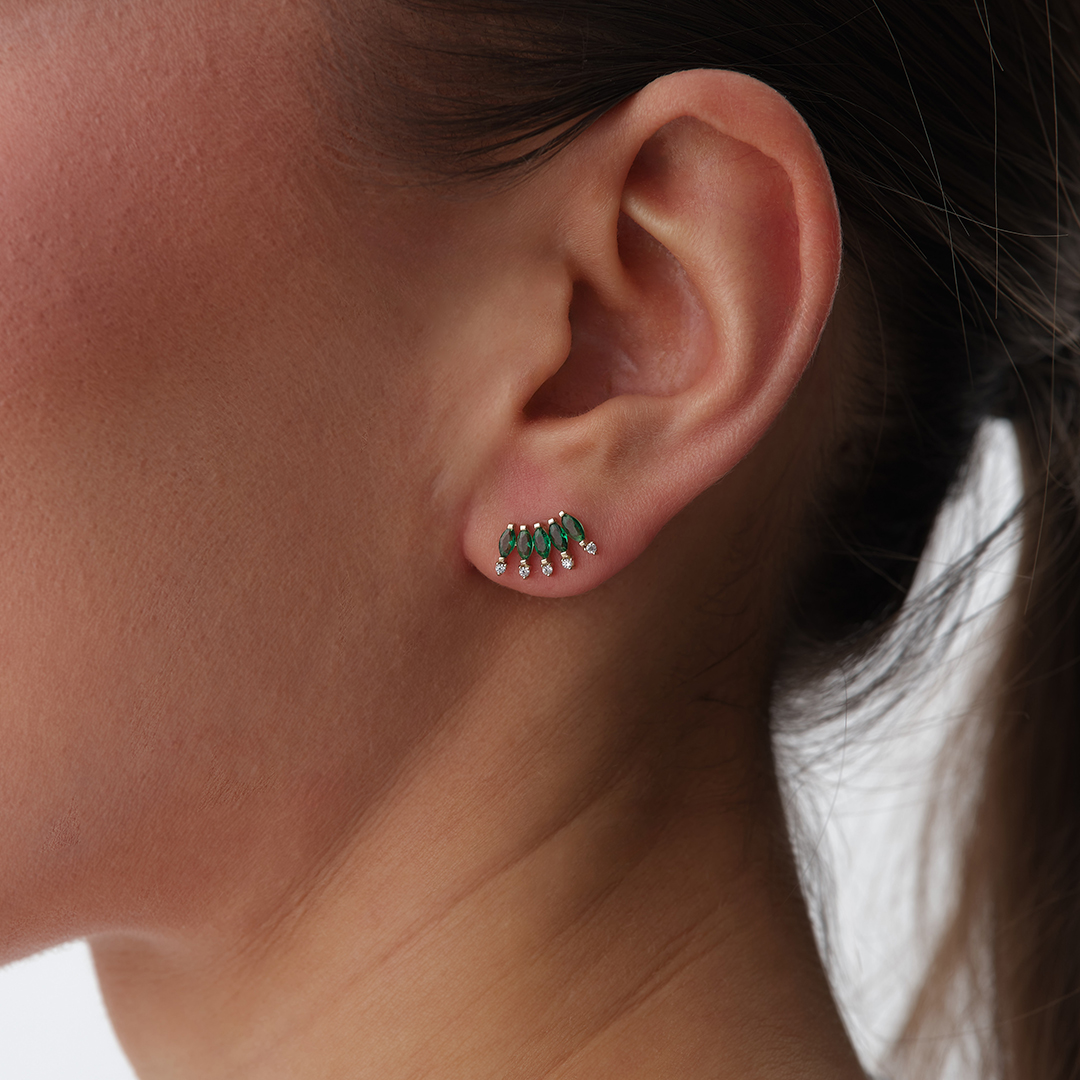 Yeşil Damla Taşlı Yaprak Form Altın Küpe - 1