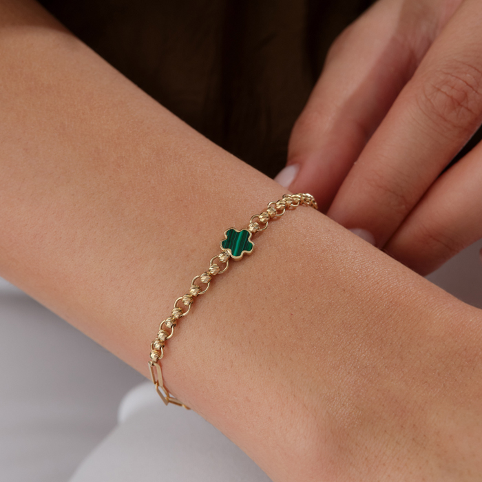 Yeşil Mineli Yonca Altın Bileklik - Şant