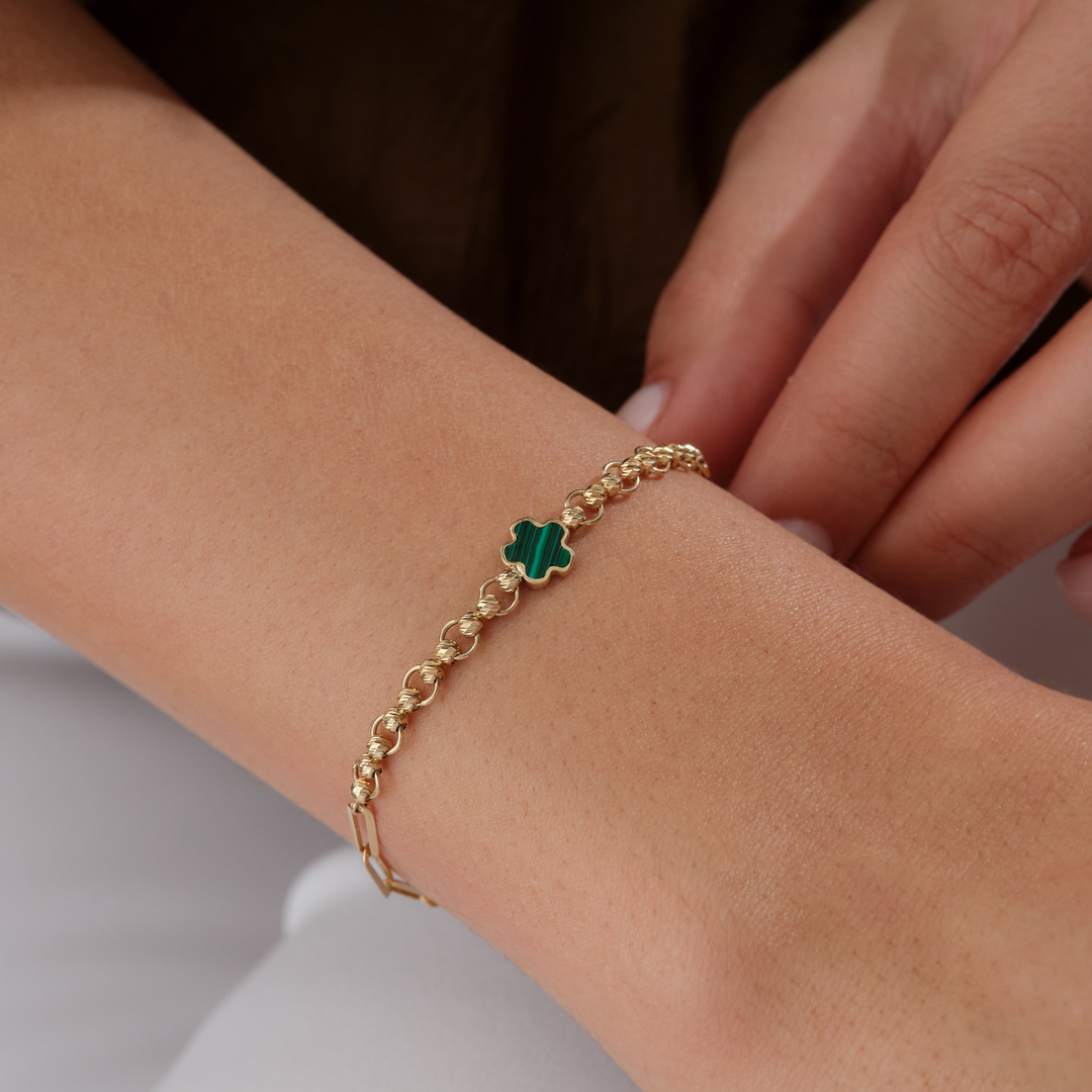 Yeşil Mineli Yonca Altın Bileklik - 1