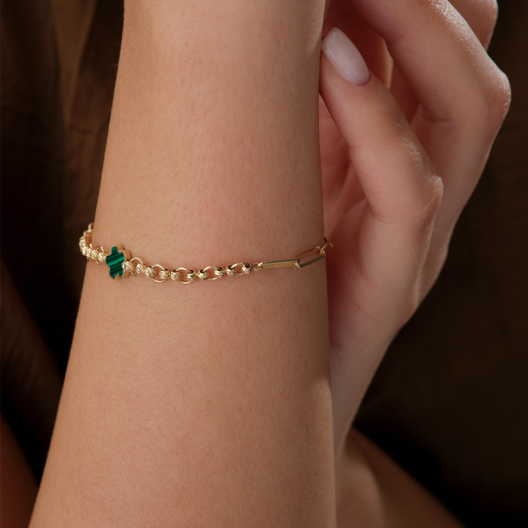 Yeşil Mineli Yonca Altın Bileklik - 2