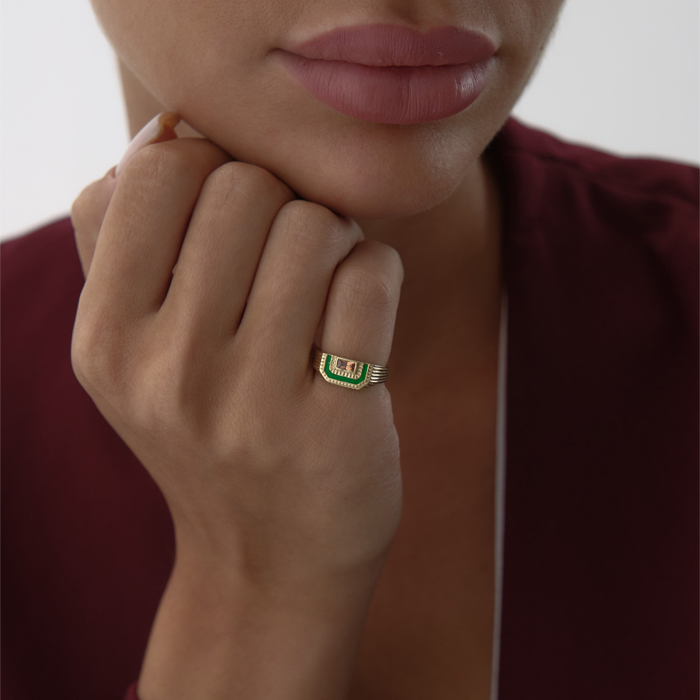 Yeşil Taşlı Cropped Octagon Yüzük - MİST