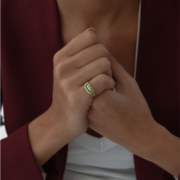 Yeşil Taşlı Cropped Octagon Yüzük - MİST (1)