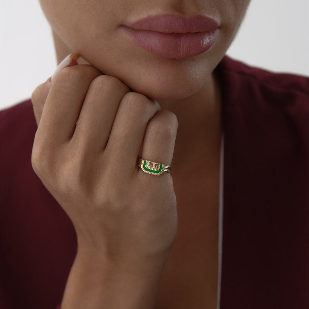 Yeşil Taşlı Cropped Octagon Yüzük - 1