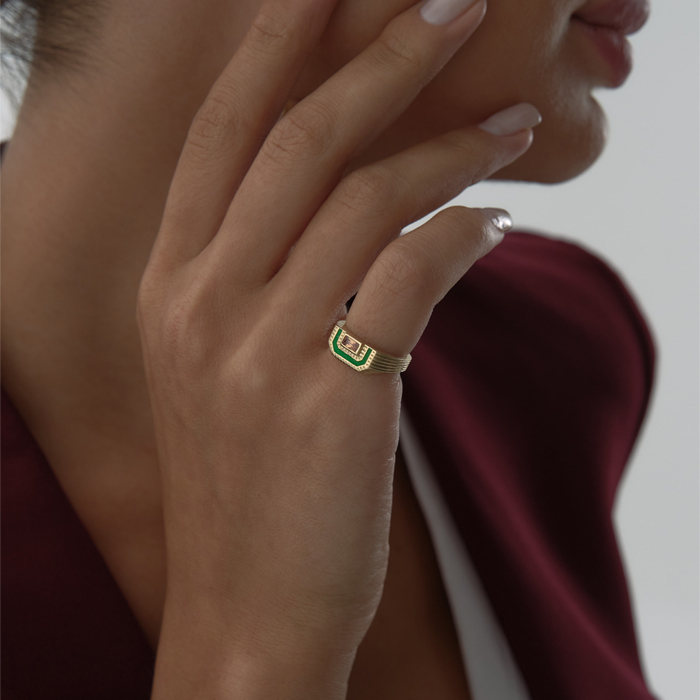 Yeşil Taşlı Cropped Octagon Yüzük - 3