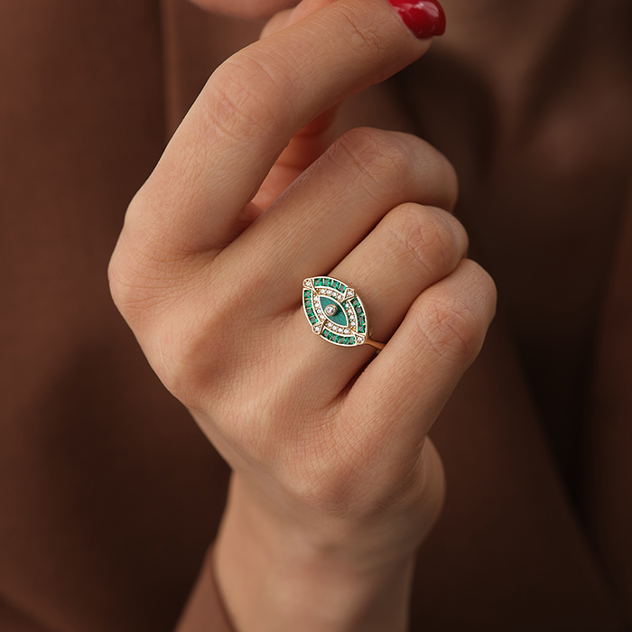 Yeşil Taşlı Nazar Göz Detaylı Altın Yüzük - Cemart (1)