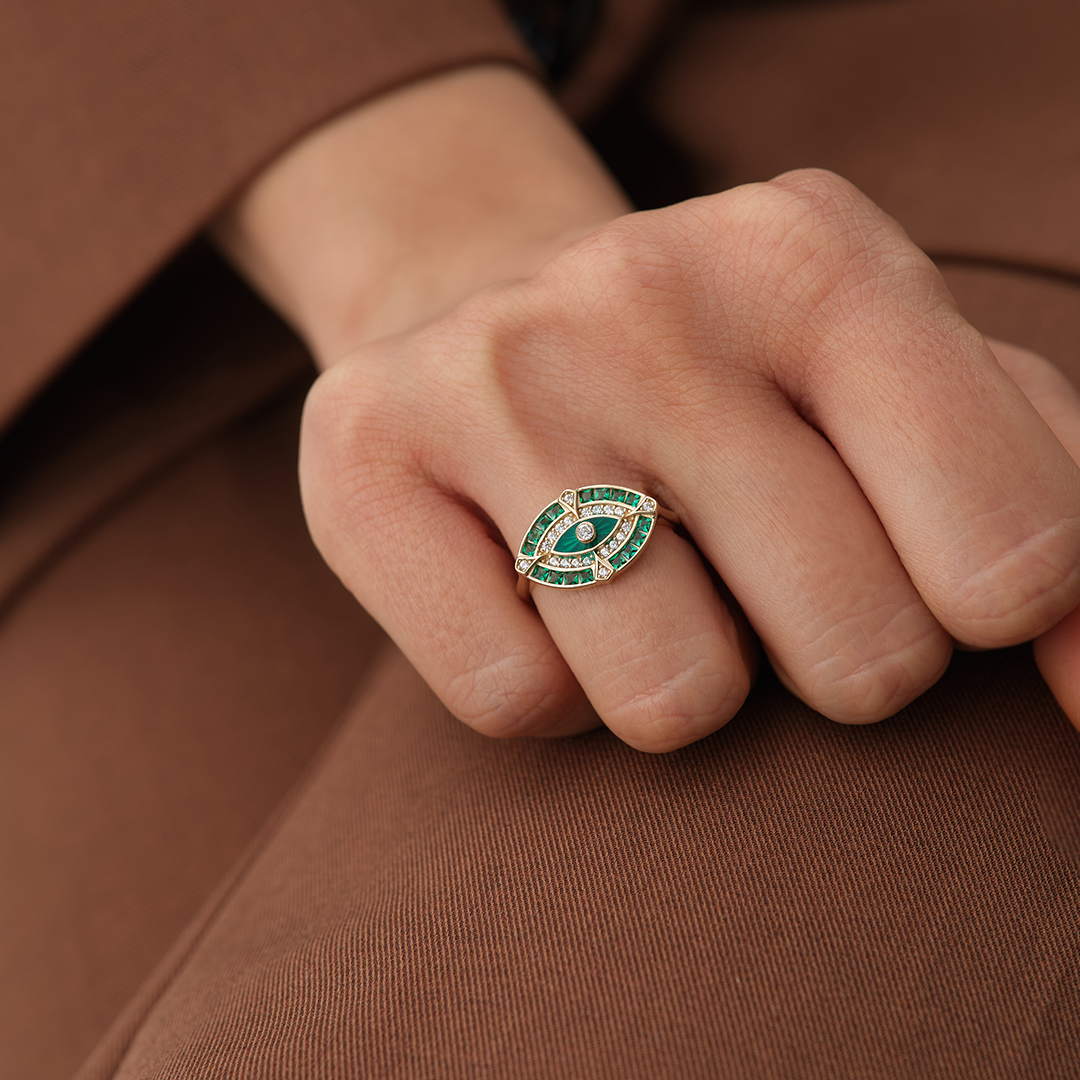 Yeşil Taşlı Nazar Göz Detaylı Altın Yüzük - 1