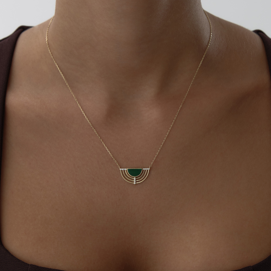 Yeşil Taşlı Yelpaze Kolye - 1