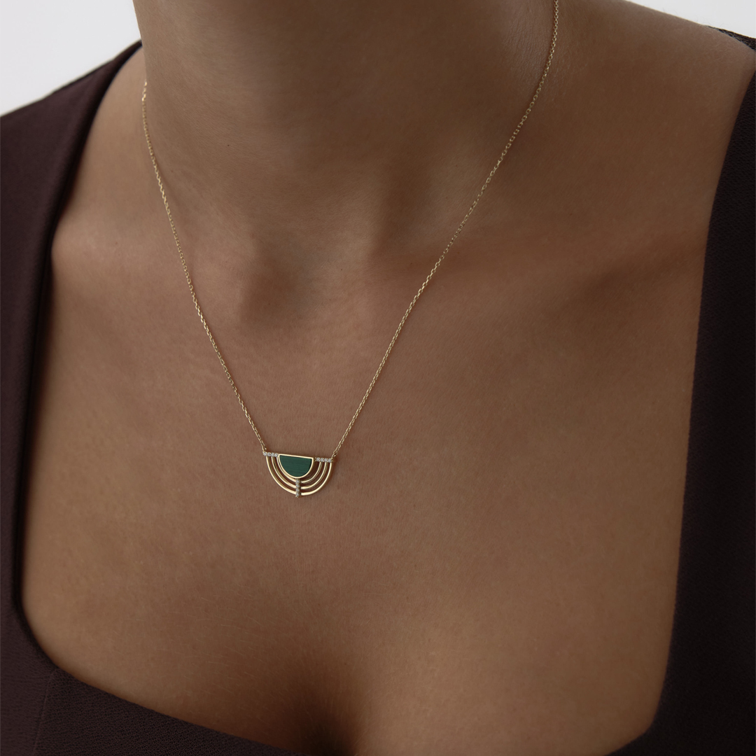 Yeşil Taşlı Yelpaze Kolye - 2