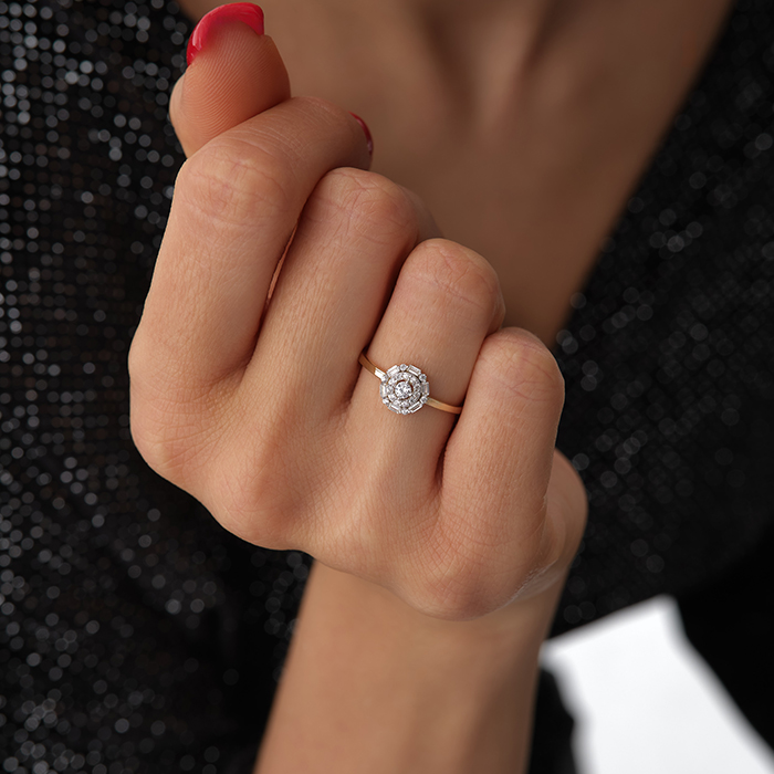 Yuvarlak Halo Taş Detaylı Altın Yüzük - Cemart (1)